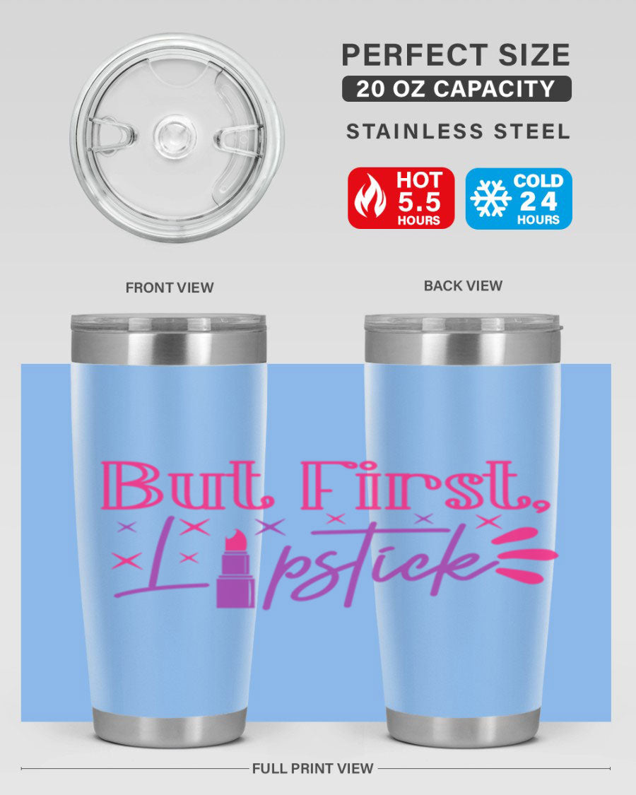 But First Lipstick Style 244# tumbler in stainless steel with a stylish design, perfect for hot and cold beverages.