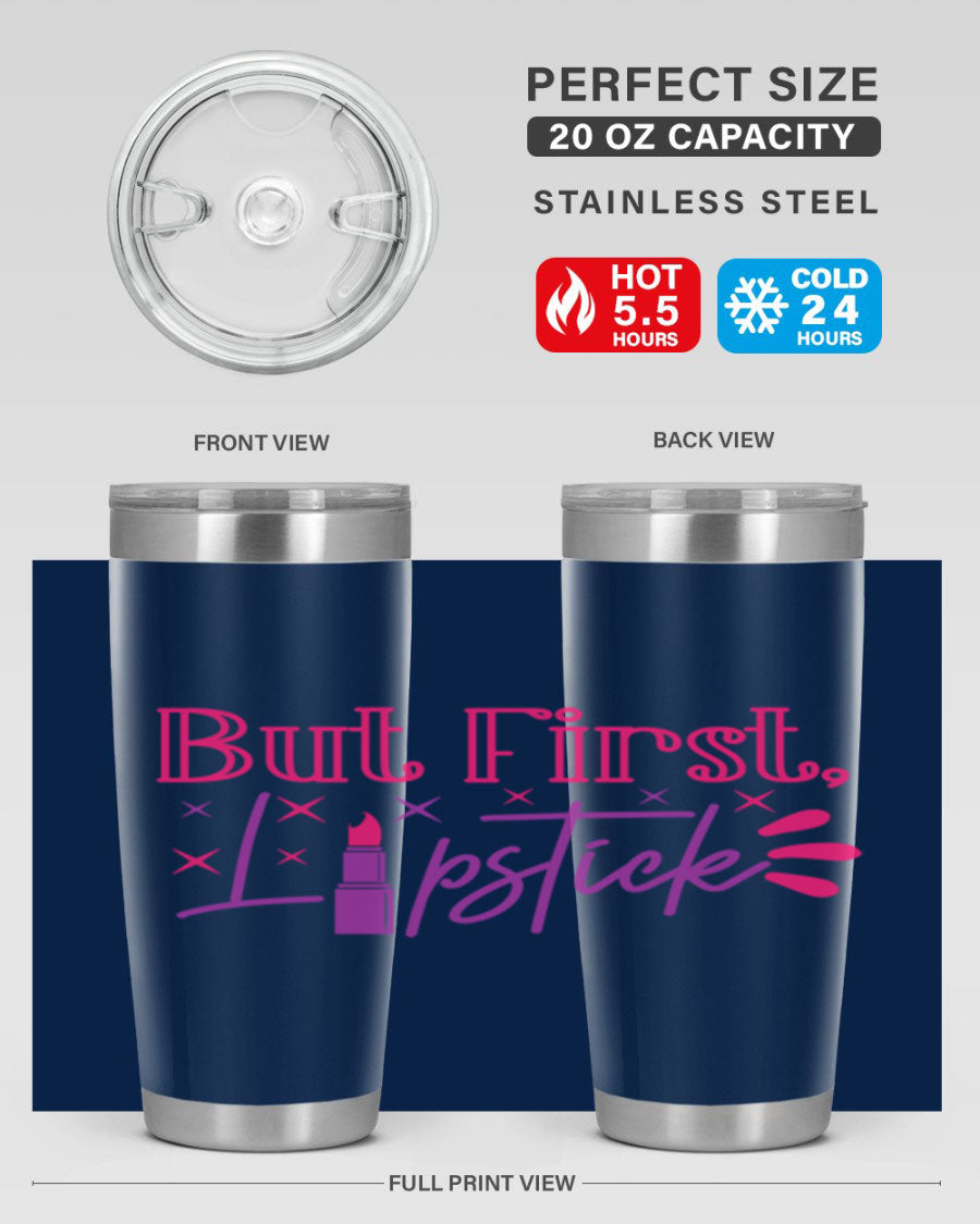 But First Lipstick Style 244# tumbler in stainless steel with a stylish design, perfect for hot and cold beverages.