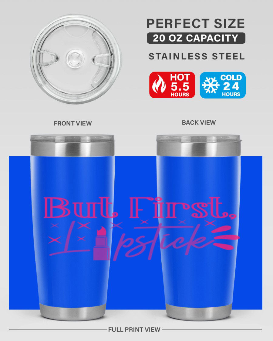 But First Lipstick Style 244# tumbler in stainless steel with a stylish design, perfect for hot and cold beverages.