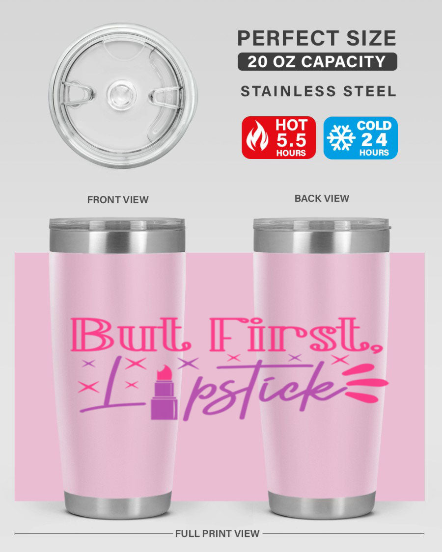 But First Lipstick Style 244# tumbler in stainless steel with a stylish design, perfect for hot and cold beverages.