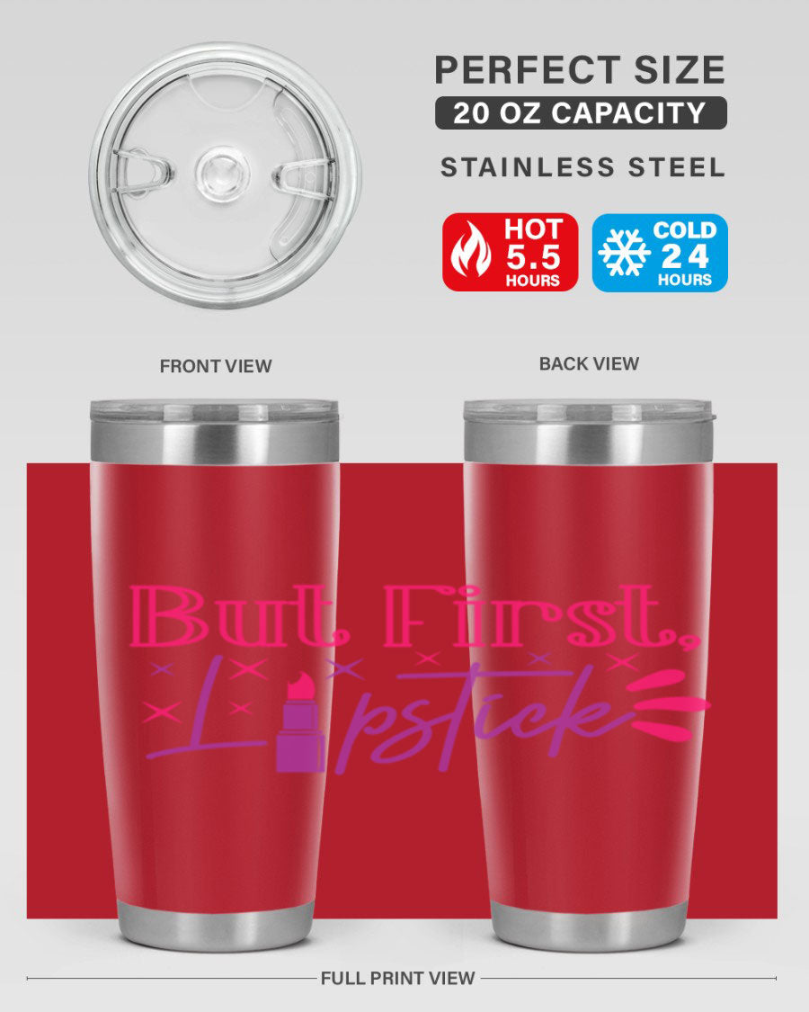 But First Lipstick Style 244# tumbler in stainless steel with a stylish design, perfect for hot and cold beverages.