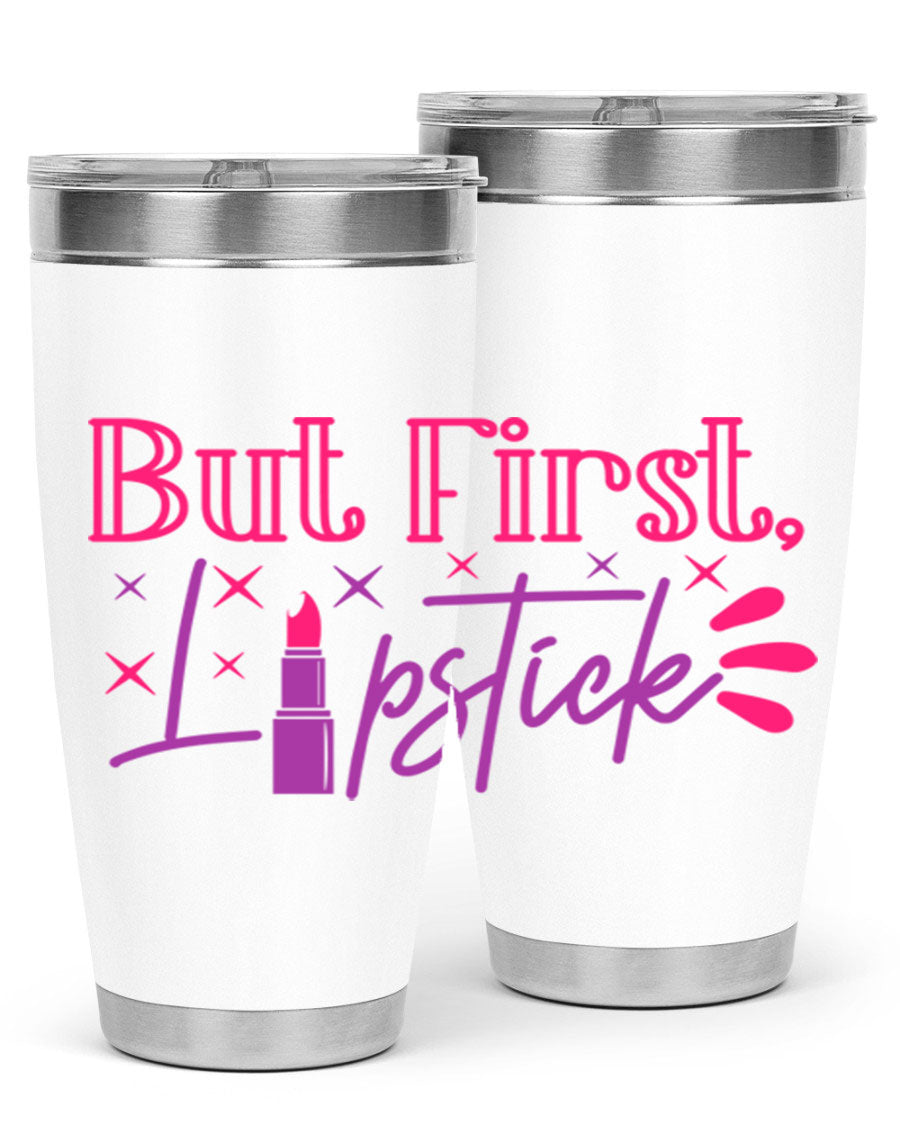 But First Lipstick Style 244# tumbler in stainless steel with a stylish design, perfect for hot and cold beverages.