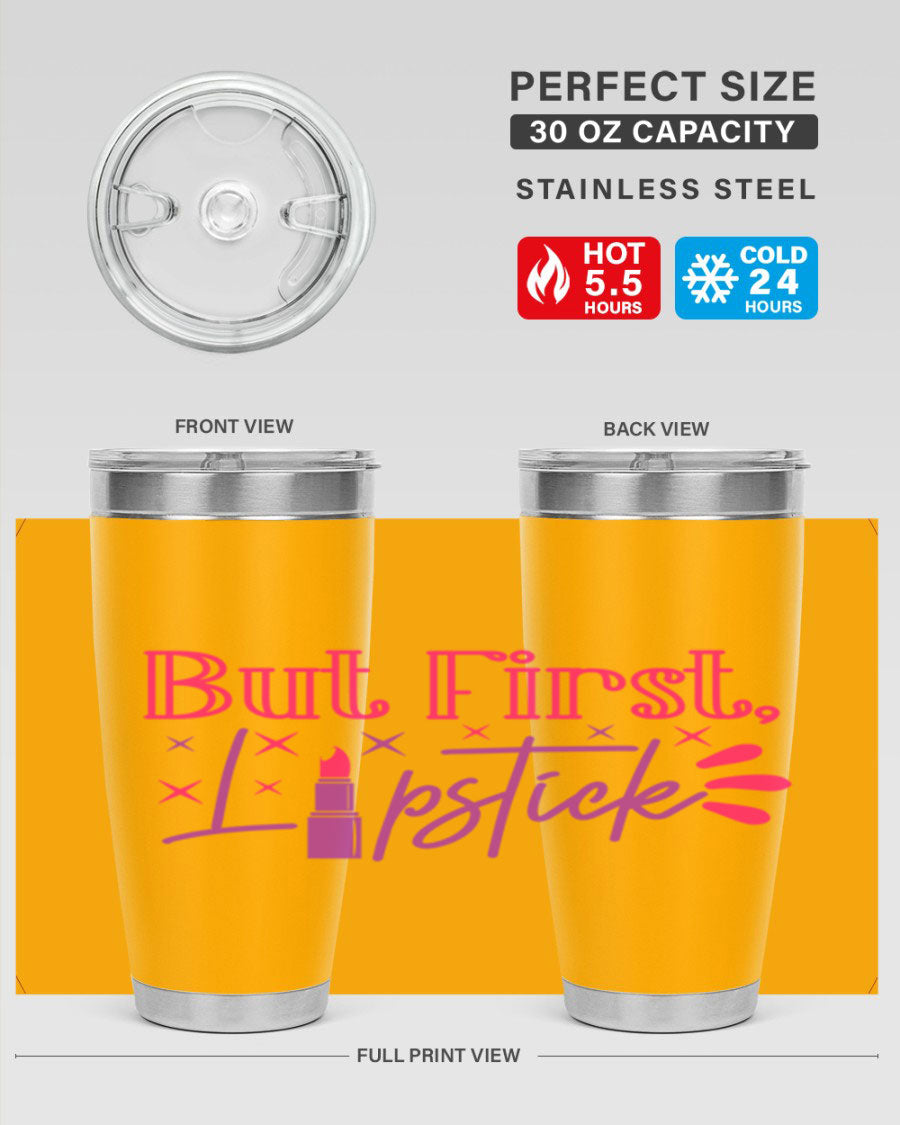 But First Lipstick Style 244# tumbler in stainless steel with a stylish design, perfect for hot and cold beverages.