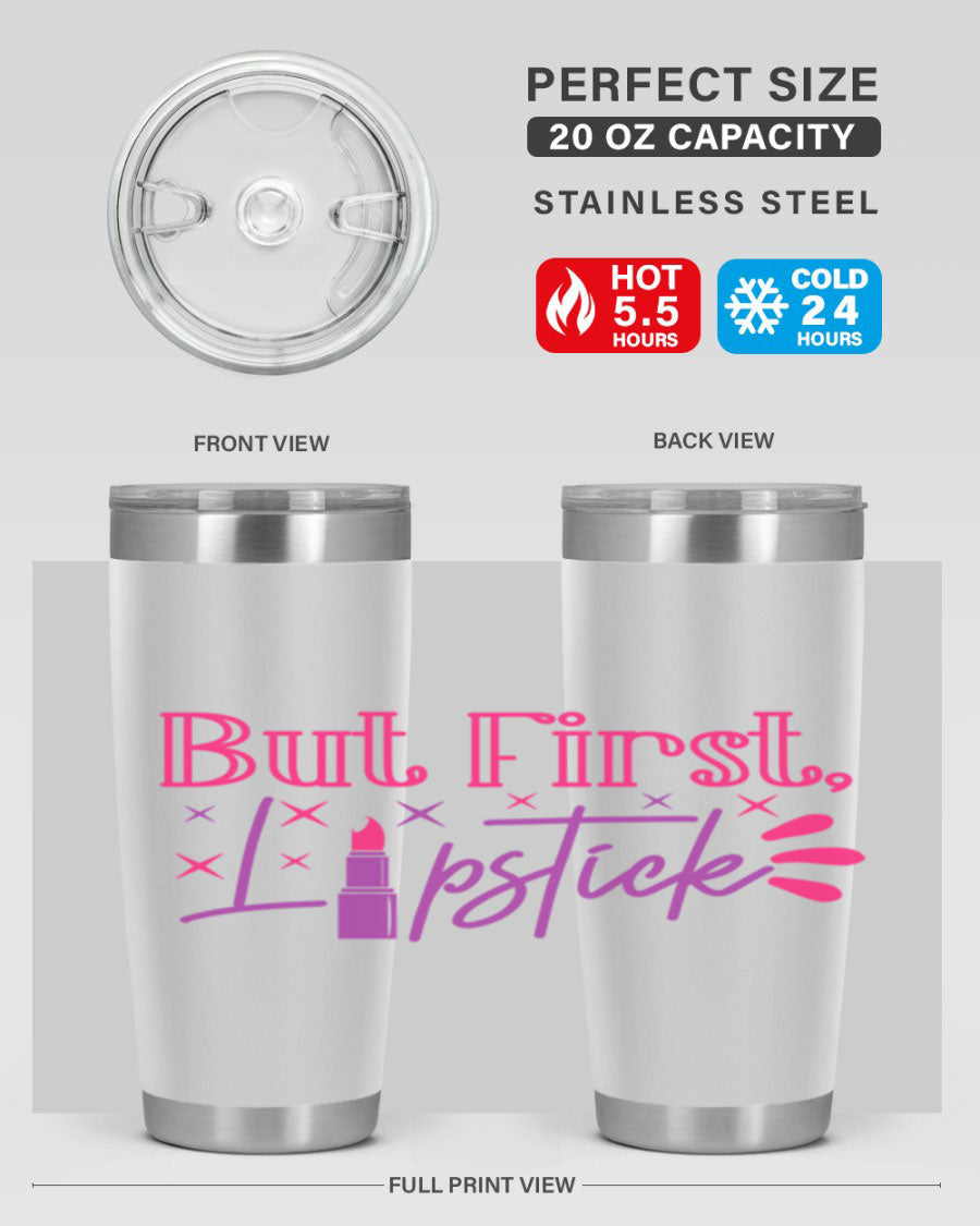 But First Lipstick Style 244# tumbler in stainless steel with a stylish design, perfect for hot and cold beverages.