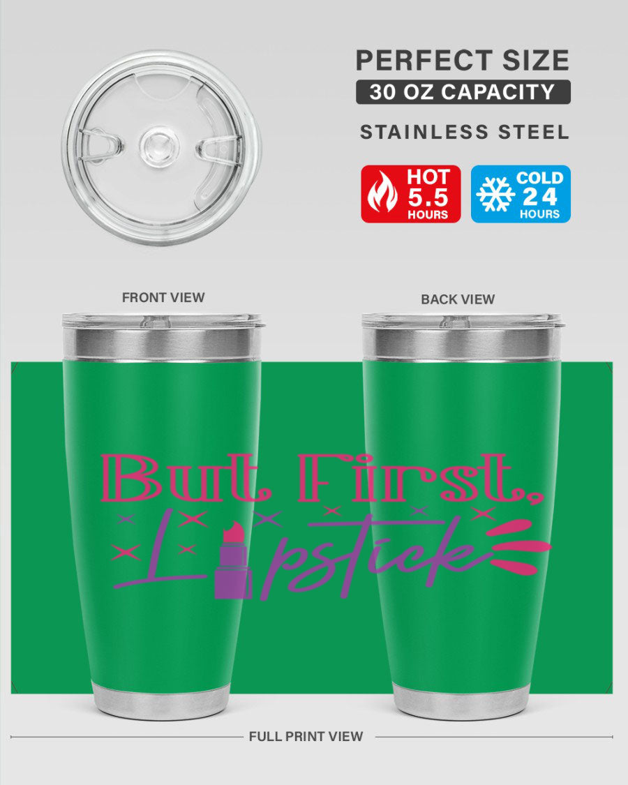 But First Lipstick Style 244# tumbler in stainless steel with a stylish design, perfect for hot and cold beverages.