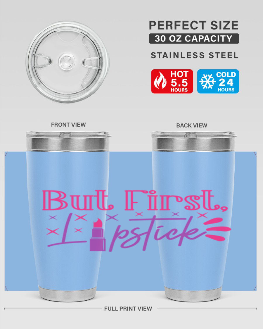 But First Lipstick Style 244# tumbler in stainless steel with a stylish design, perfect for hot and cold beverages.