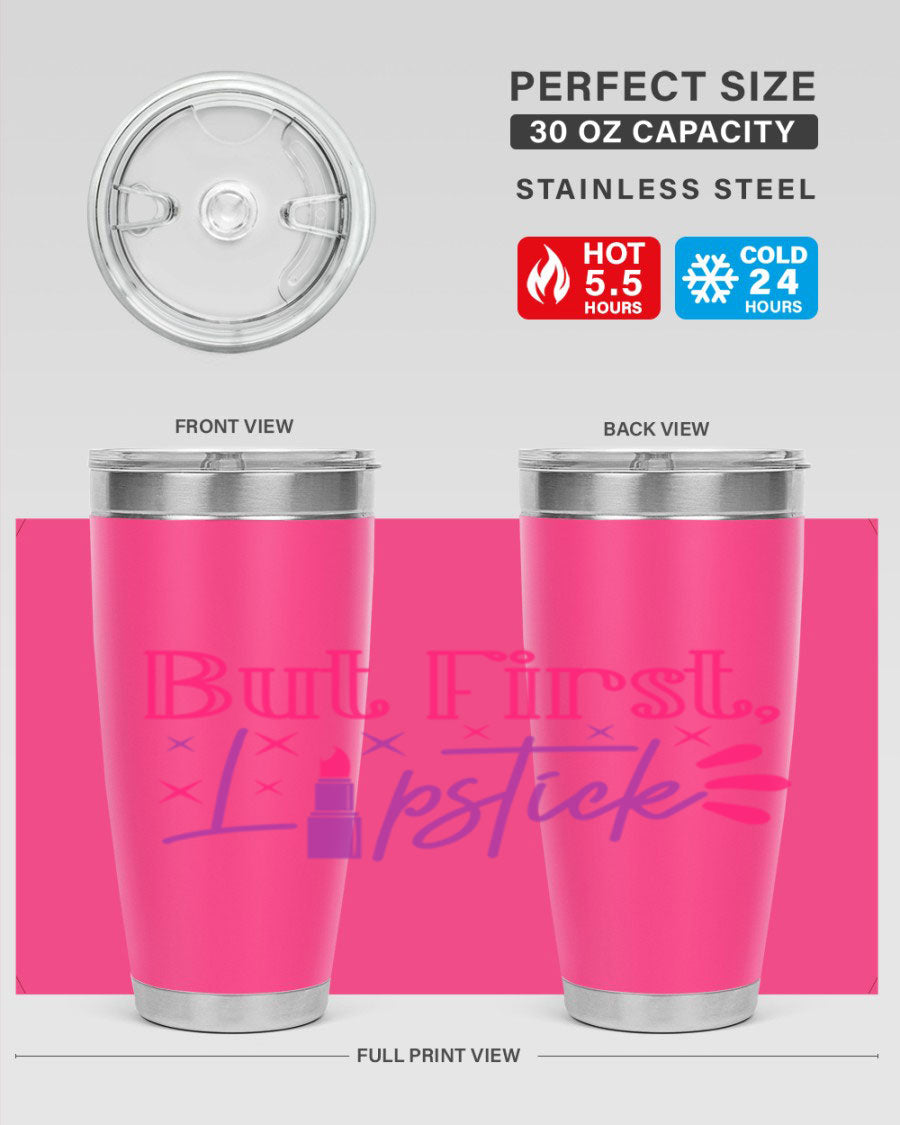 But First Lipstick Style 244# tumbler in stainless steel with a stylish design, perfect for hot and cold beverages.