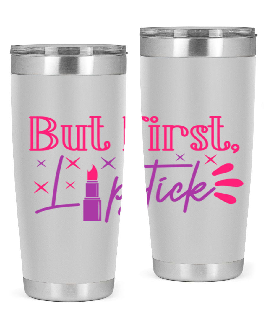 But First Lipstick Style 244# tumbler in stainless steel with a stylish design, perfect for hot and cold beverages.