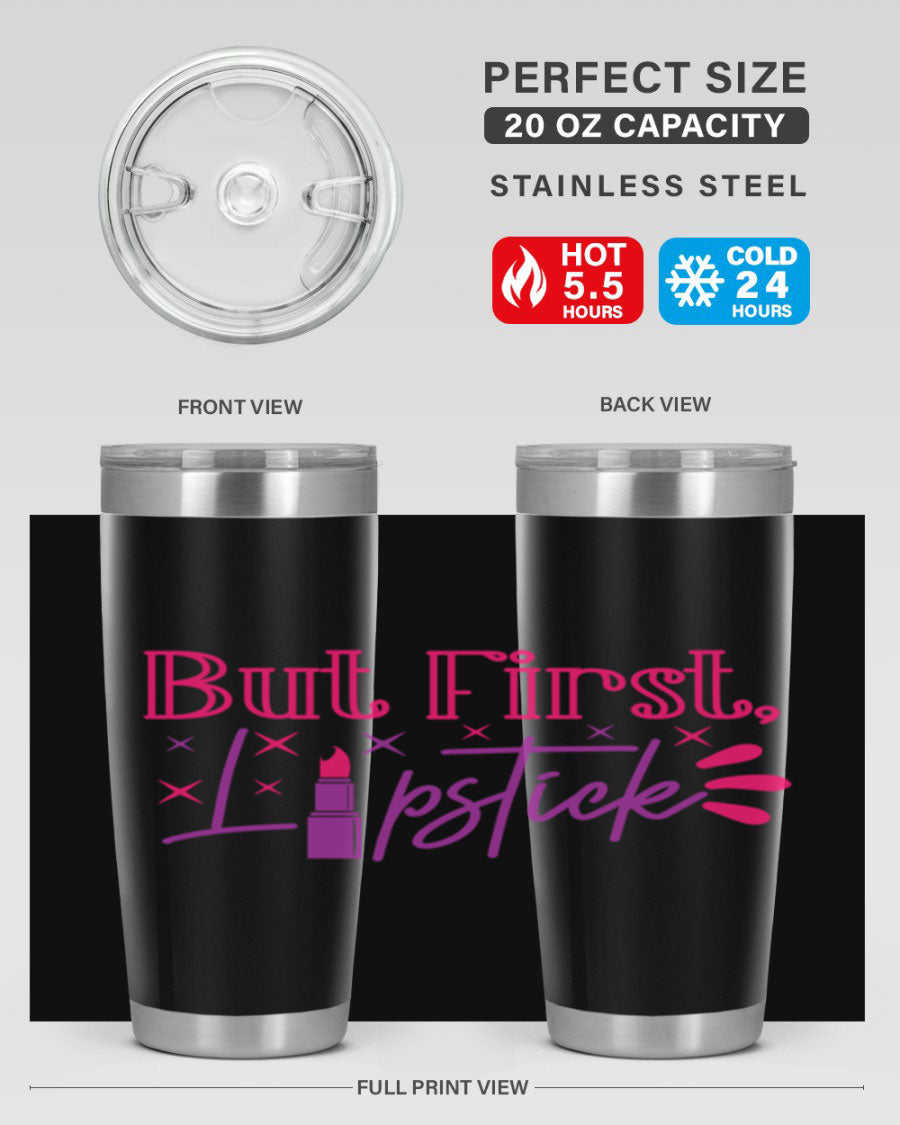 But First Lipstick Style 244# tumbler in stainless steel with a stylish design, perfect for hot and cold beverages.