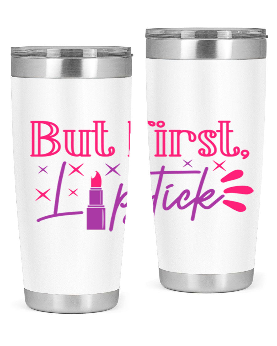 But First Lipstick Style 244# tumbler in stainless steel with a stylish design, perfect for hot and cold beverages.