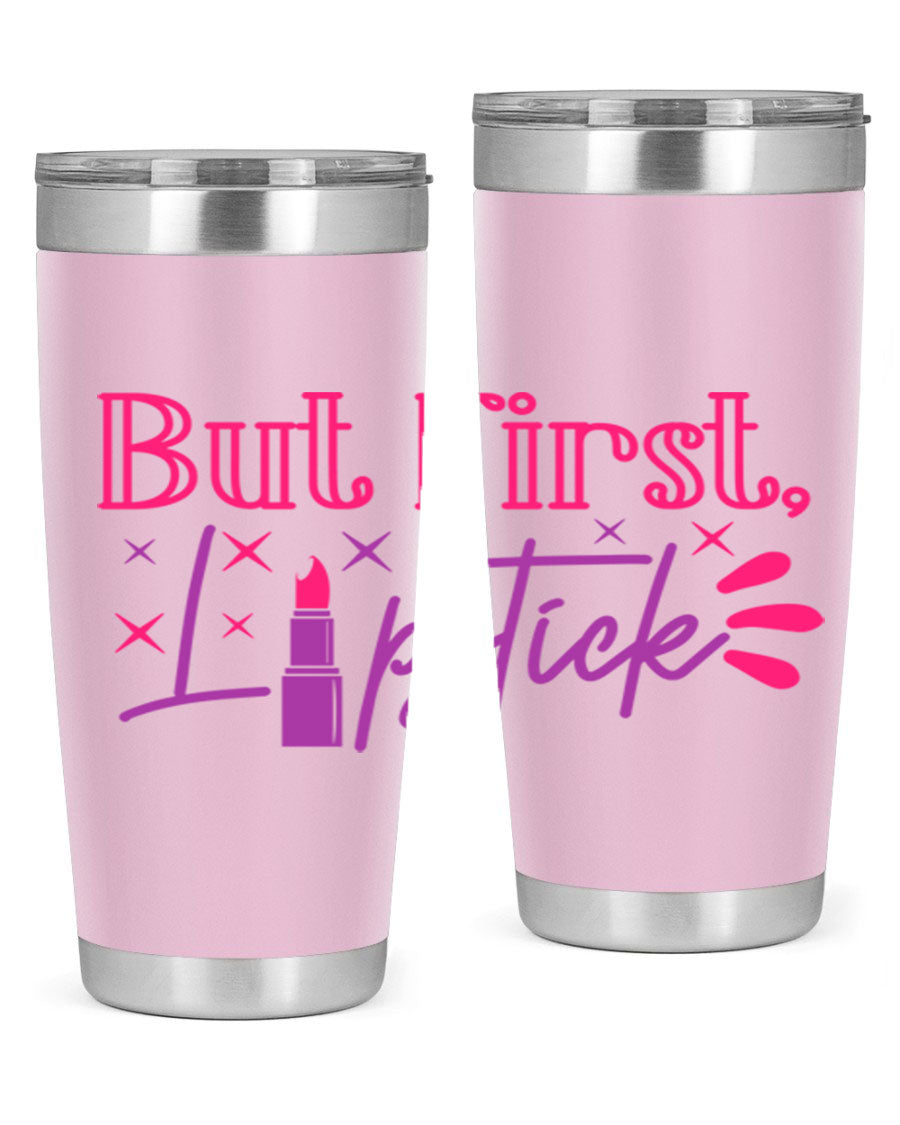 But First Lipstick Style 244# tumbler in stainless steel with a stylish design, perfect for hot and cold beverages.