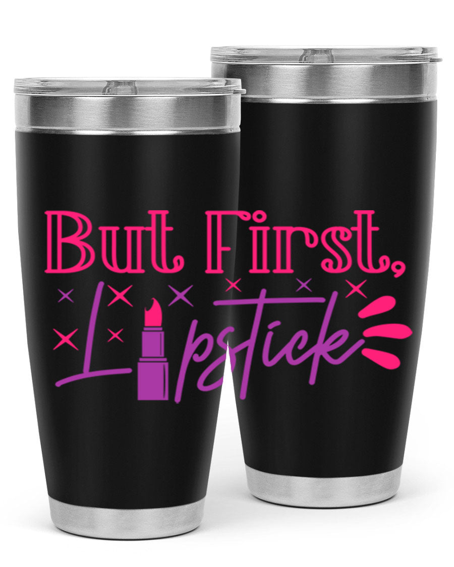 But First Lipstick Style 244# tumbler in stainless steel with a stylish design, perfect for hot and cold beverages.