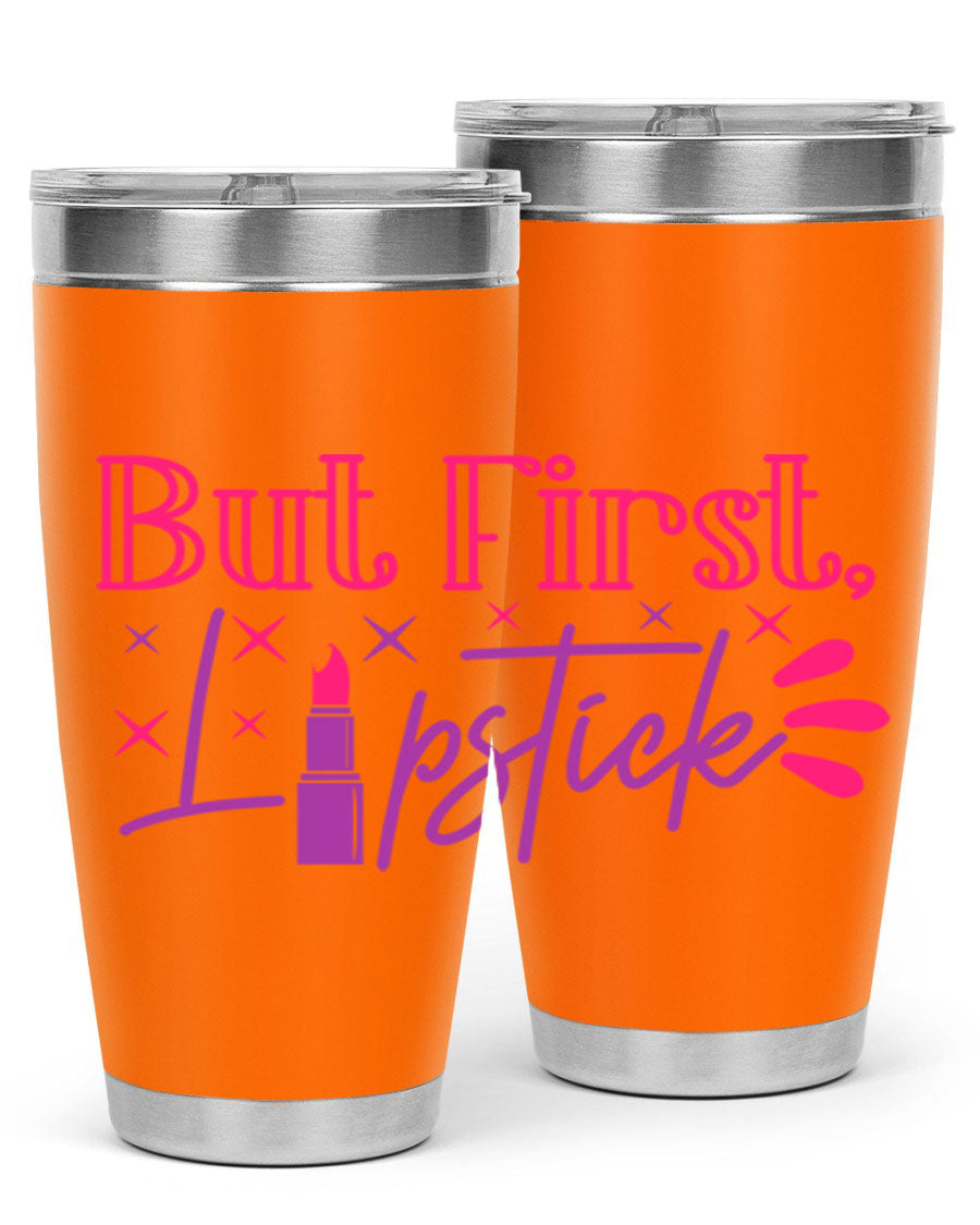 But First Lipstick Style 244# tumbler in stainless steel with a stylish design, perfect for hot and cold beverages.