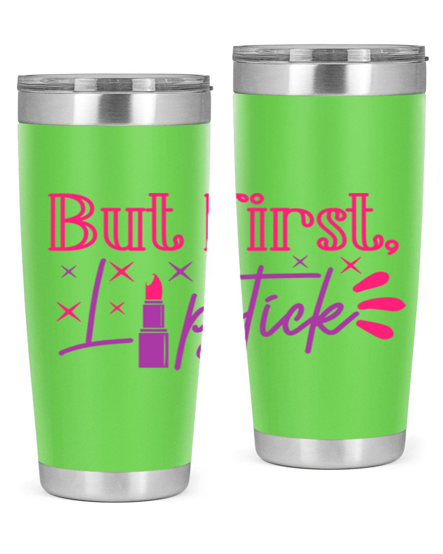 But First Lipstick Style 244# tumbler in stainless steel with a stylish design, perfect for hot and cold beverages.