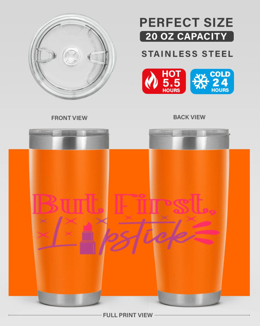 But First Lipstick Style 244# tumbler in stainless steel with a stylish design, perfect for hot and cold beverages.