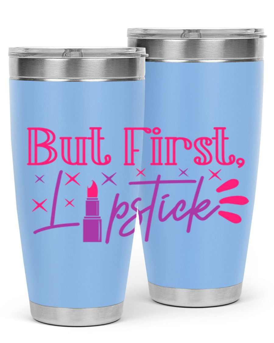 But First Lipstick Style 244# tumbler in stainless steel with a stylish design, perfect for hot and cold beverages.