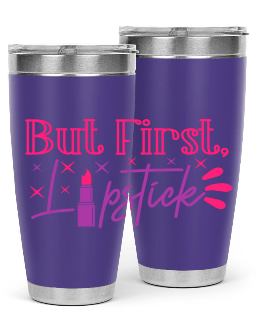 But First Lipstick Style 244# tumbler in stainless steel with a stylish design, perfect for hot and cold beverages.