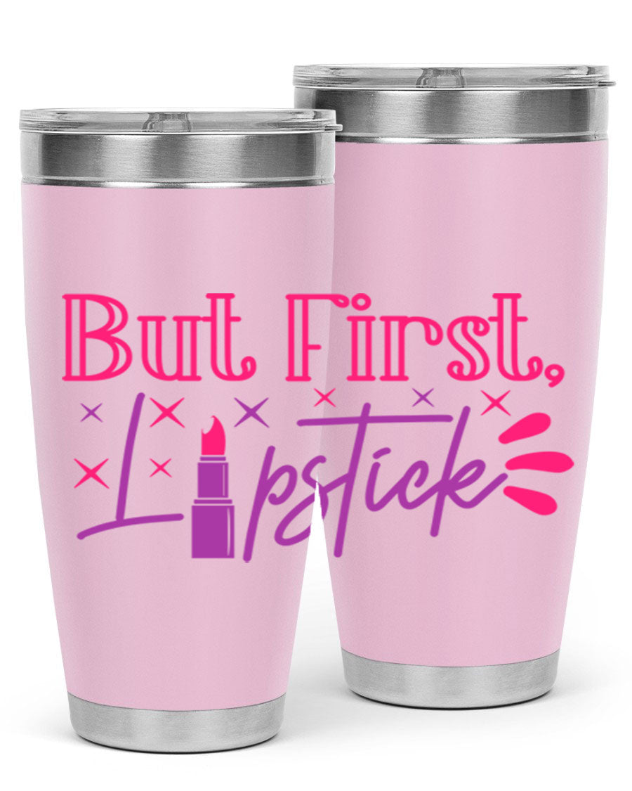 But First Lipstick Style 244# tumbler in stainless steel with a stylish design, perfect for hot and cold beverages.