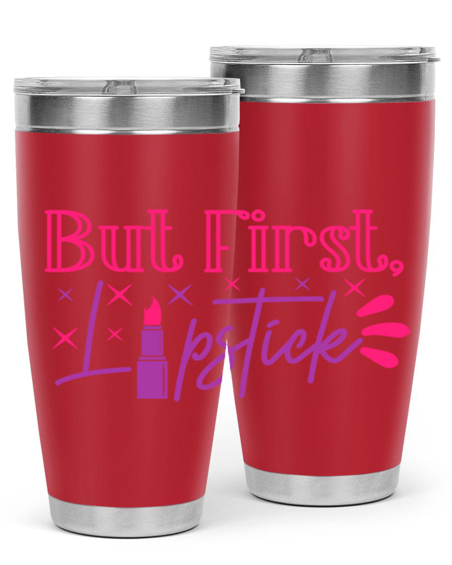 But First Lipstick Style 244# tumbler in stainless steel with a stylish design, perfect for hot and cold beverages.