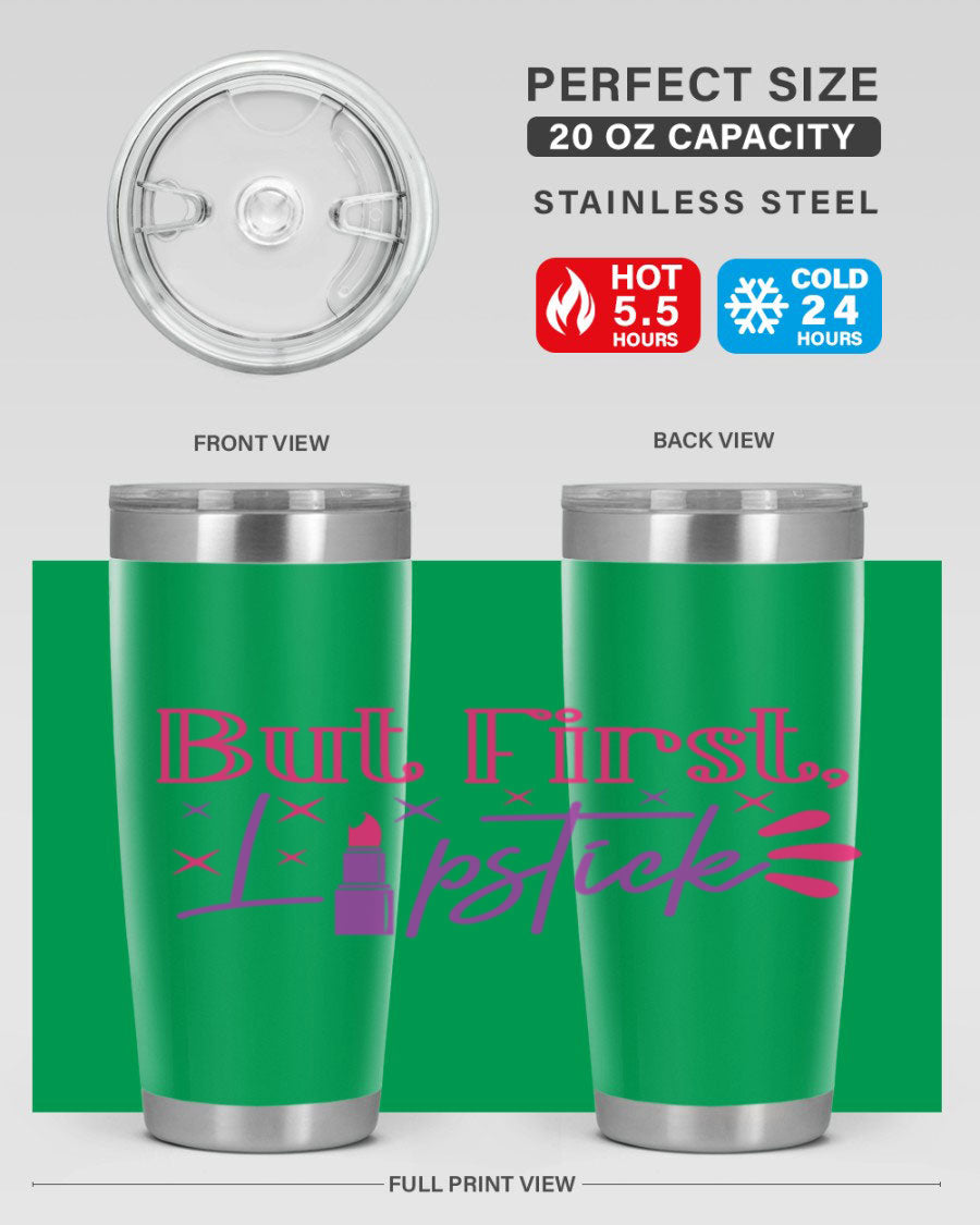 But First Lipstick Style 244# tumbler in stainless steel with a stylish design, perfect for hot and cold beverages.