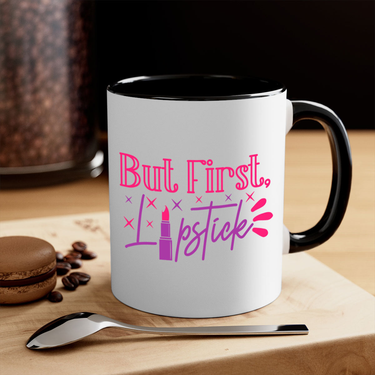 But First Lipstick Style 244# Mug with colorful handle and interior, showcasing a glossy finish.