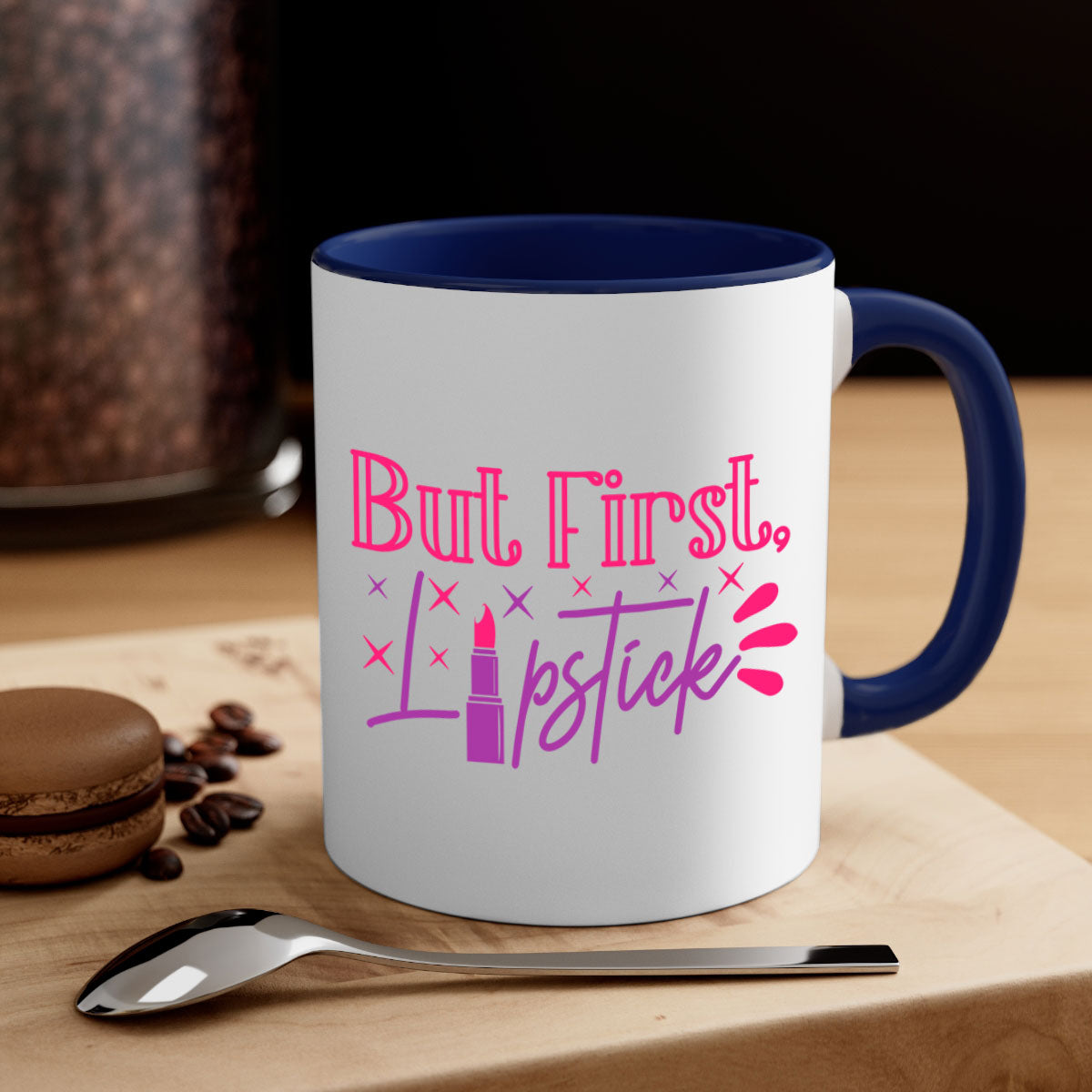 But First Lipstick Style 244# Mug with colorful handle and interior, showcasing a glossy finish.