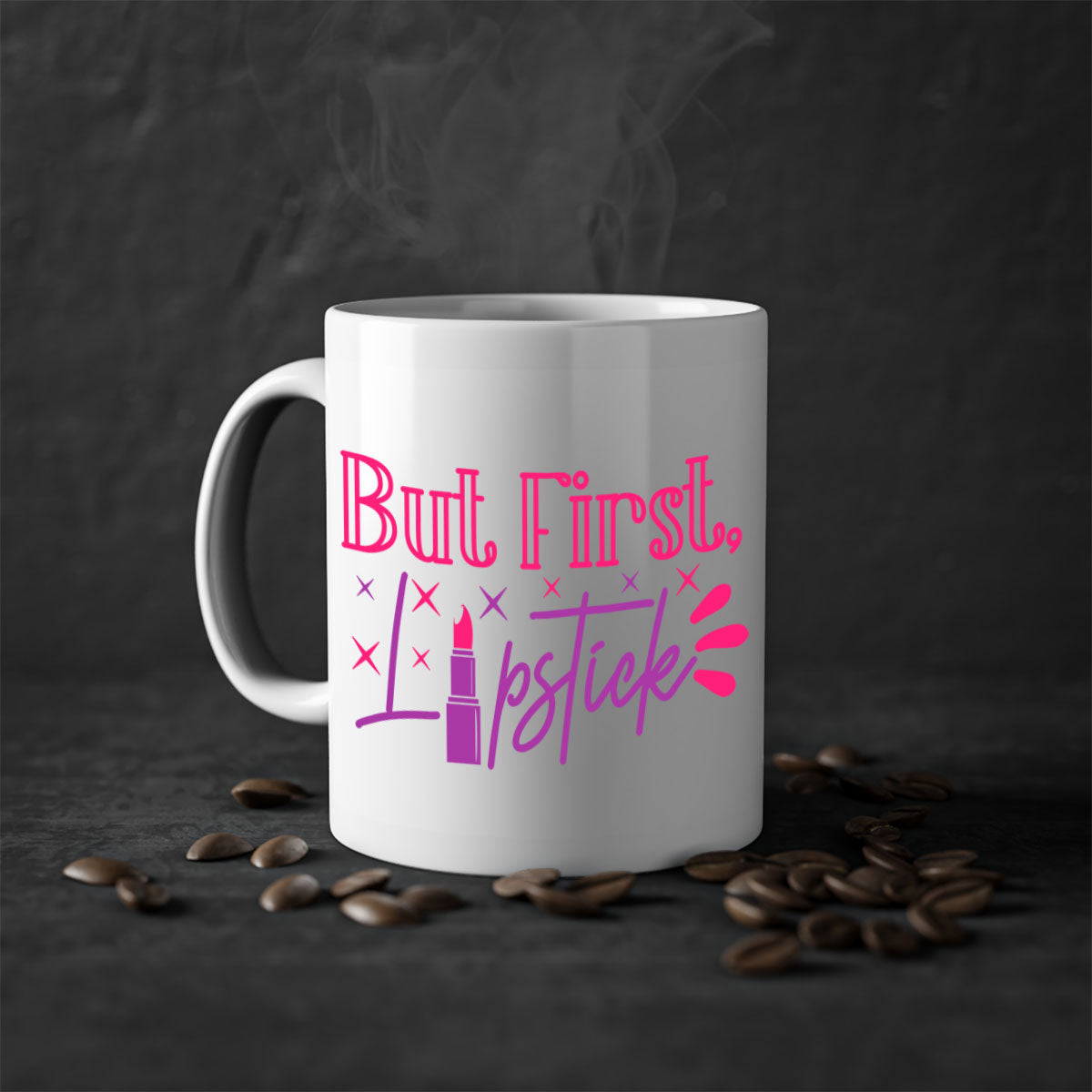 But First Lipstick Style 244# Mug with colorful handle and interior, showcasing a glossy finish.