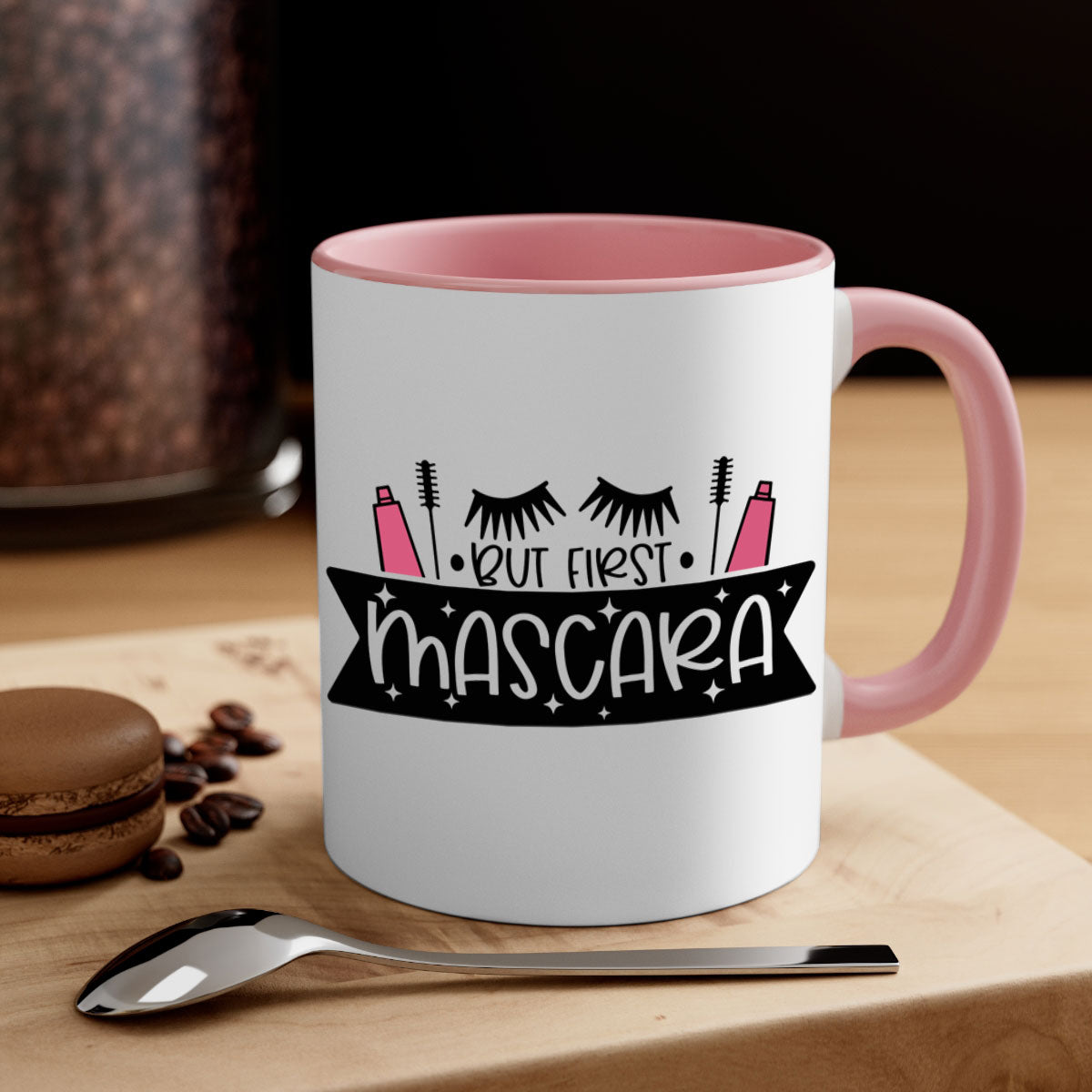 But First Mascara Style 114# two-tone coffee mug with colored handle and glossy finish.