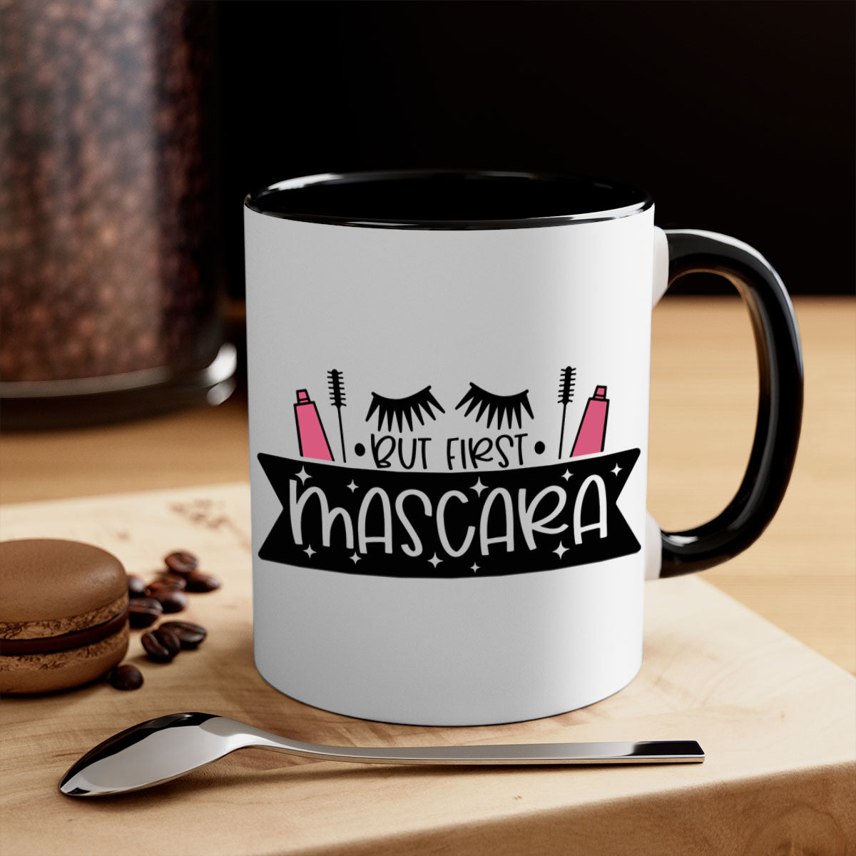 But First Mascara Style 114# two-tone coffee mug with colored handle and glossy finish.