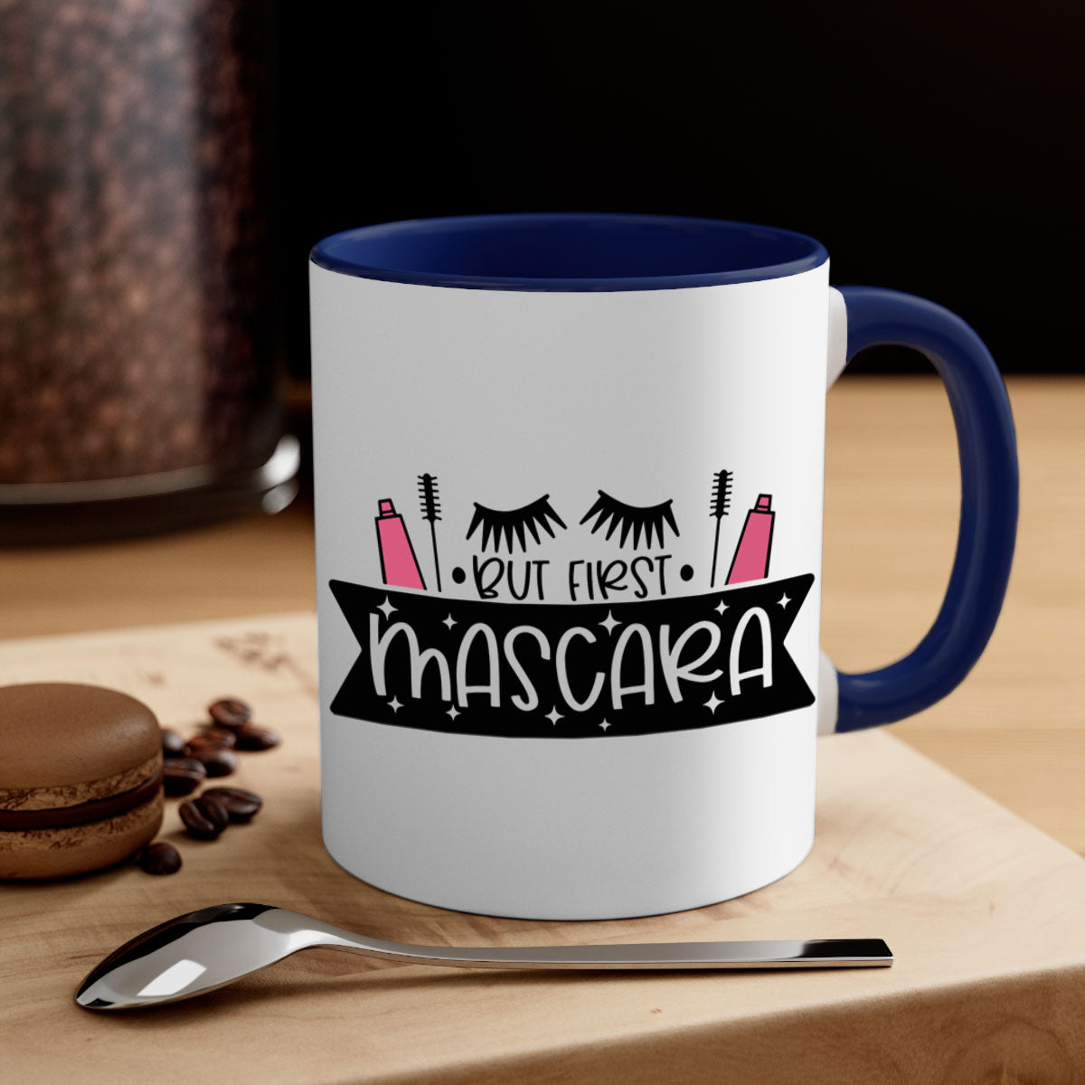 But First Mascara Style 114# two-tone coffee mug with colored handle and glossy finish.