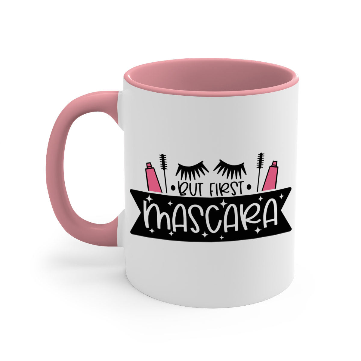 But First Mascara Style 114# two-tone coffee mug with colored handle and glossy finish.