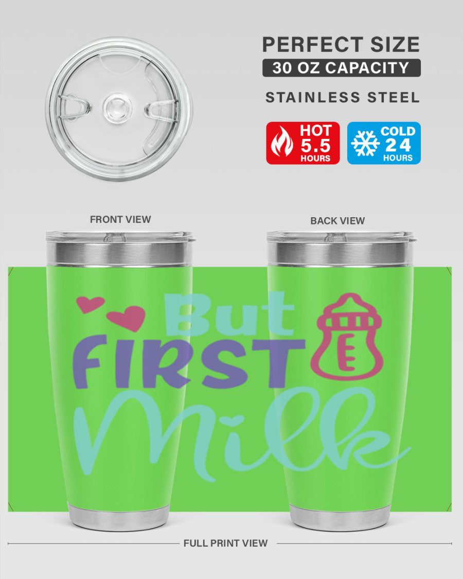 but first milk Style 274# baby tumbler in stainless steel with a drink-thru lid, showcasing its sleek design and double wall insulation.