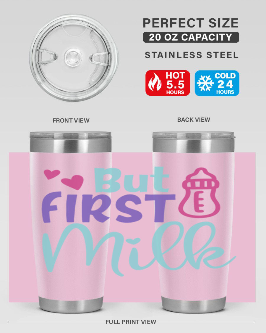 but first milk Style 274# baby tumbler in stainless steel with a drink-thru lid, showcasing its sleek design and double wall insulation.