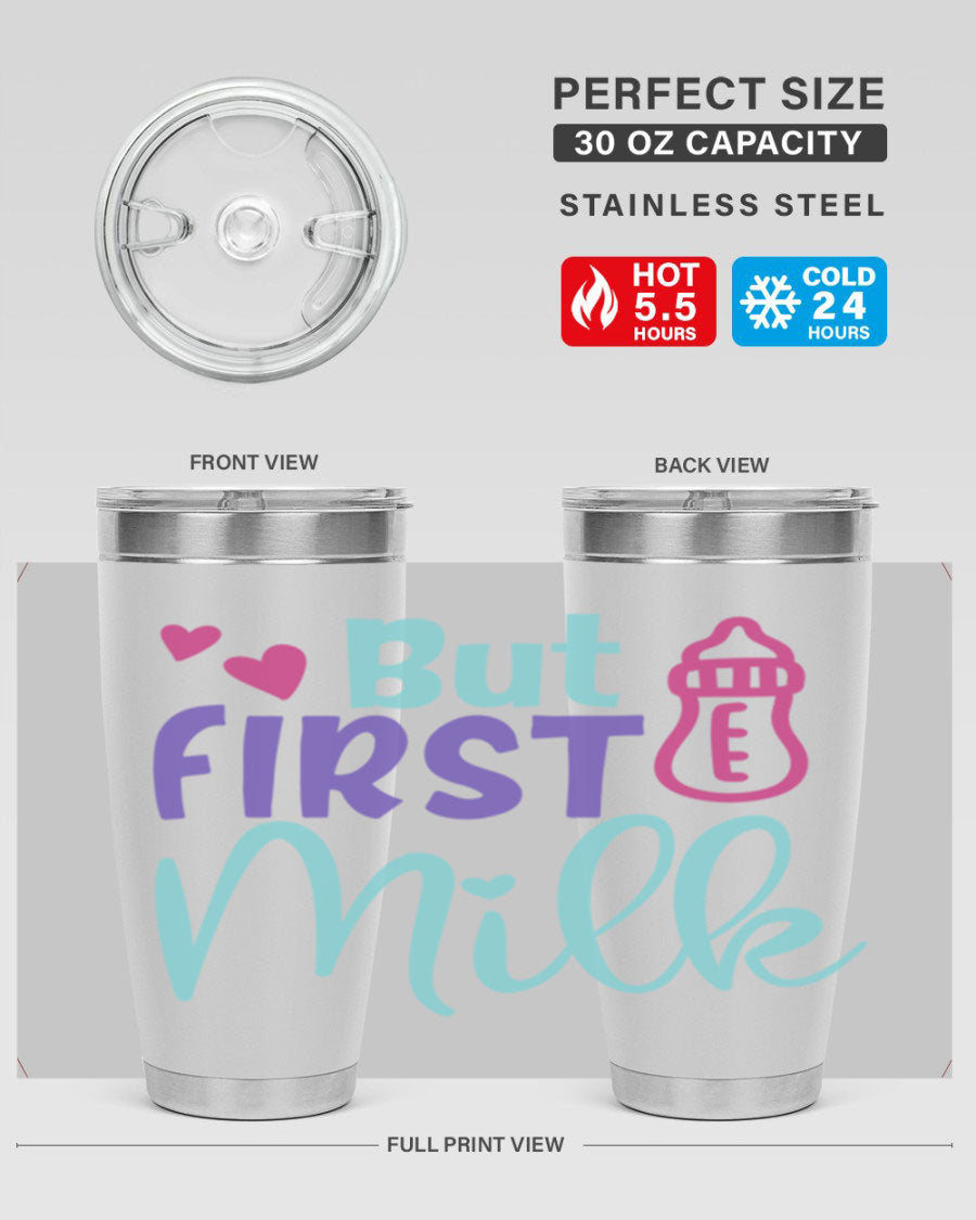 but first milk Style 274# baby tumbler in stainless steel with a drink-thru lid, showcasing its sleek design and double wall insulation.