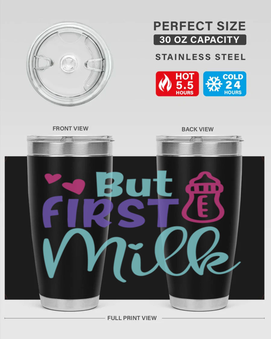 but first milk Style 274# baby tumbler in stainless steel with a drink-thru lid, showcasing its sleek design and double wall insulation.