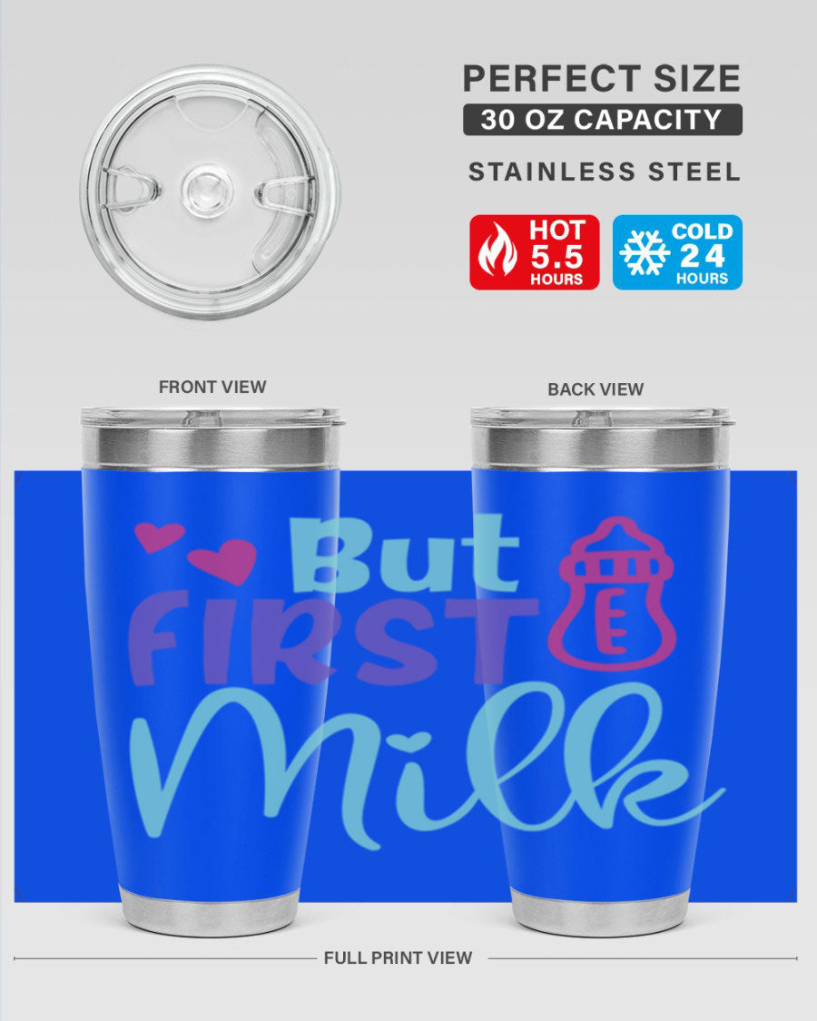 but first milk Style 274# baby tumbler in stainless steel with a drink-thru lid, showcasing its sleek design and double wall insulation.