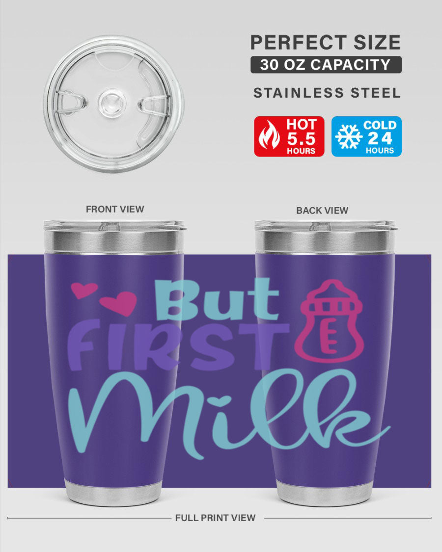 but first milk Style 274# baby tumbler in stainless steel with a drink-thru lid, showcasing its sleek design and double wall insulation.