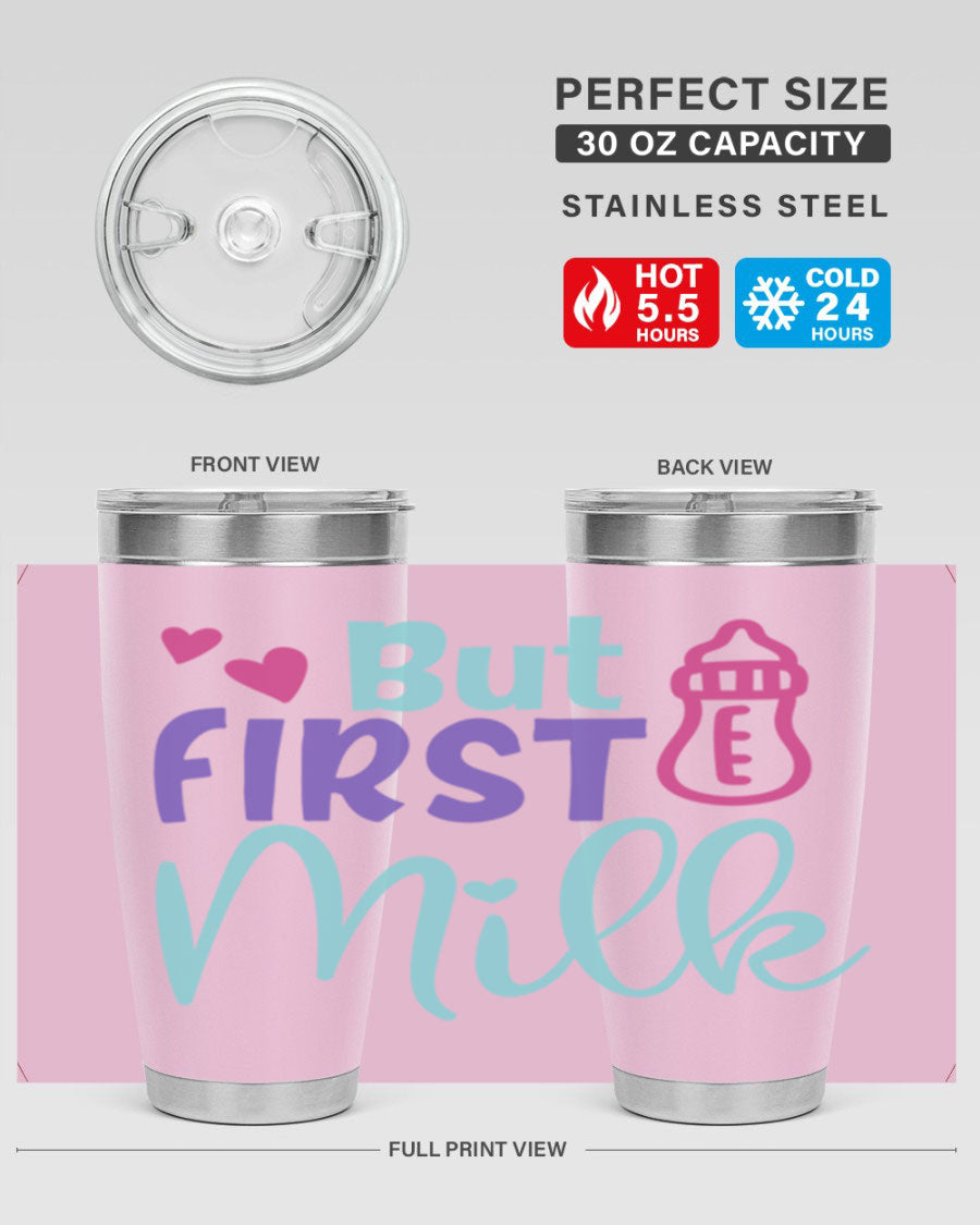 but first milk Style 274# baby tumbler in stainless steel with a drink-thru lid, showcasing its sleek design and double wall insulation.