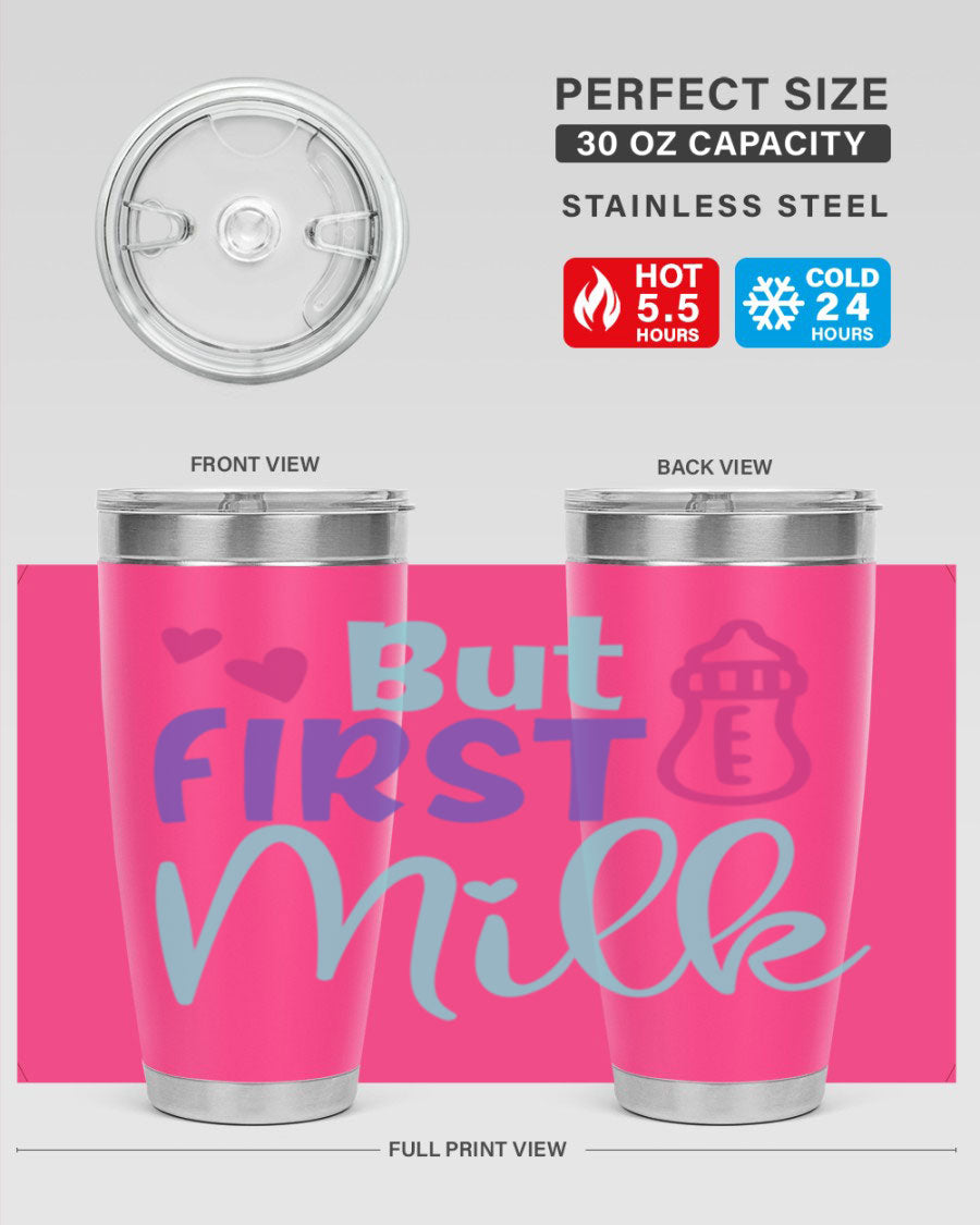 but first milk Style 274# baby tumbler in stainless steel with a drink-thru lid, showcasing its sleek design and double wall insulation.