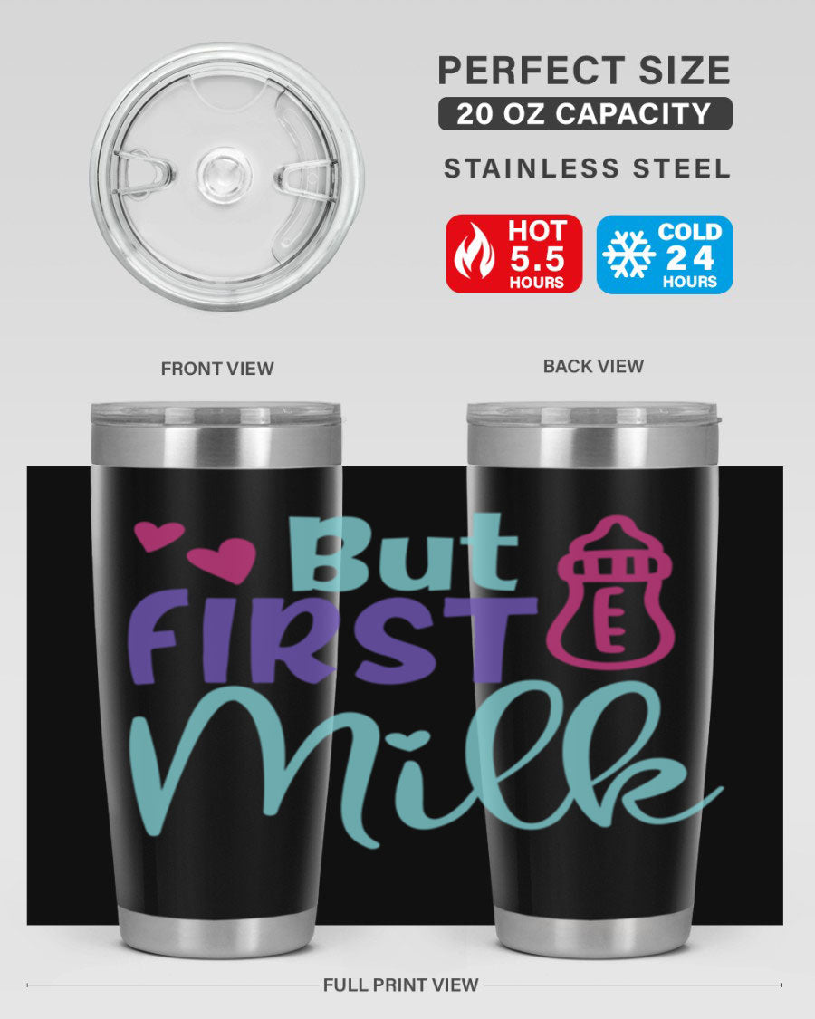 but first milk Style 274# baby tumbler in stainless steel with a drink-thru lid, showcasing its sleek design and double wall insulation.