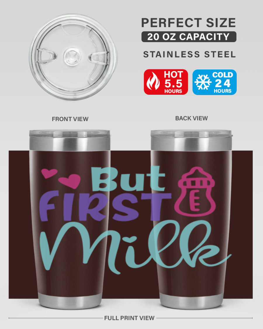 but first milk Style 274# baby tumbler in stainless steel with a drink-thru lid, showcasing its sleek design and double wall insulation.