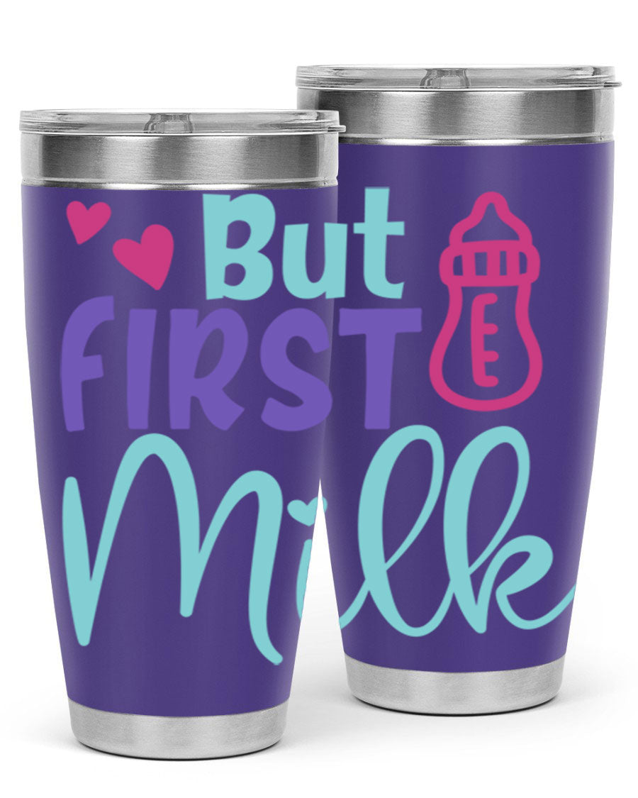 but first milk Style 274# baby tumbler in stainless steel with a drink-thru lid, showcasing its sleek design and double wall insulation.