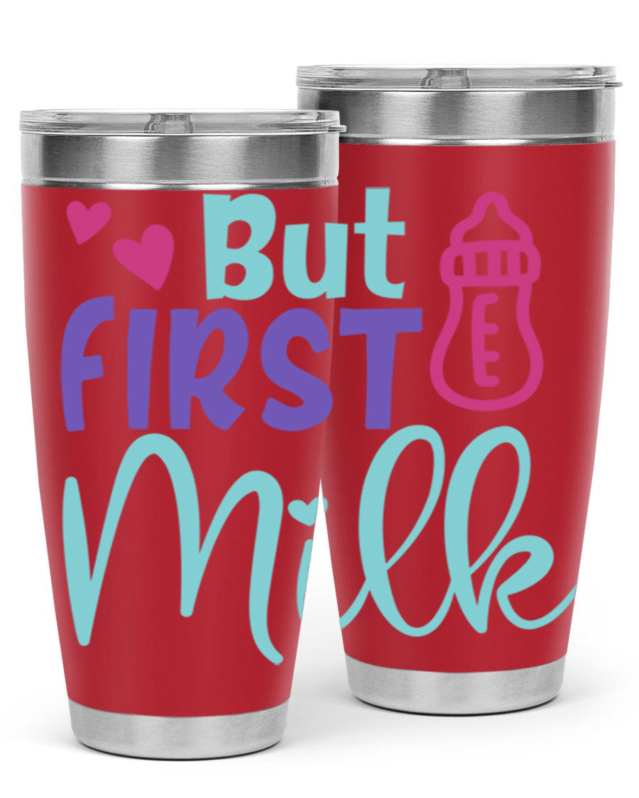 but first milk Style 274# baby tumbler in stainless steel with a drink-thru lid, showcasing its sleek design and double wall insulation.