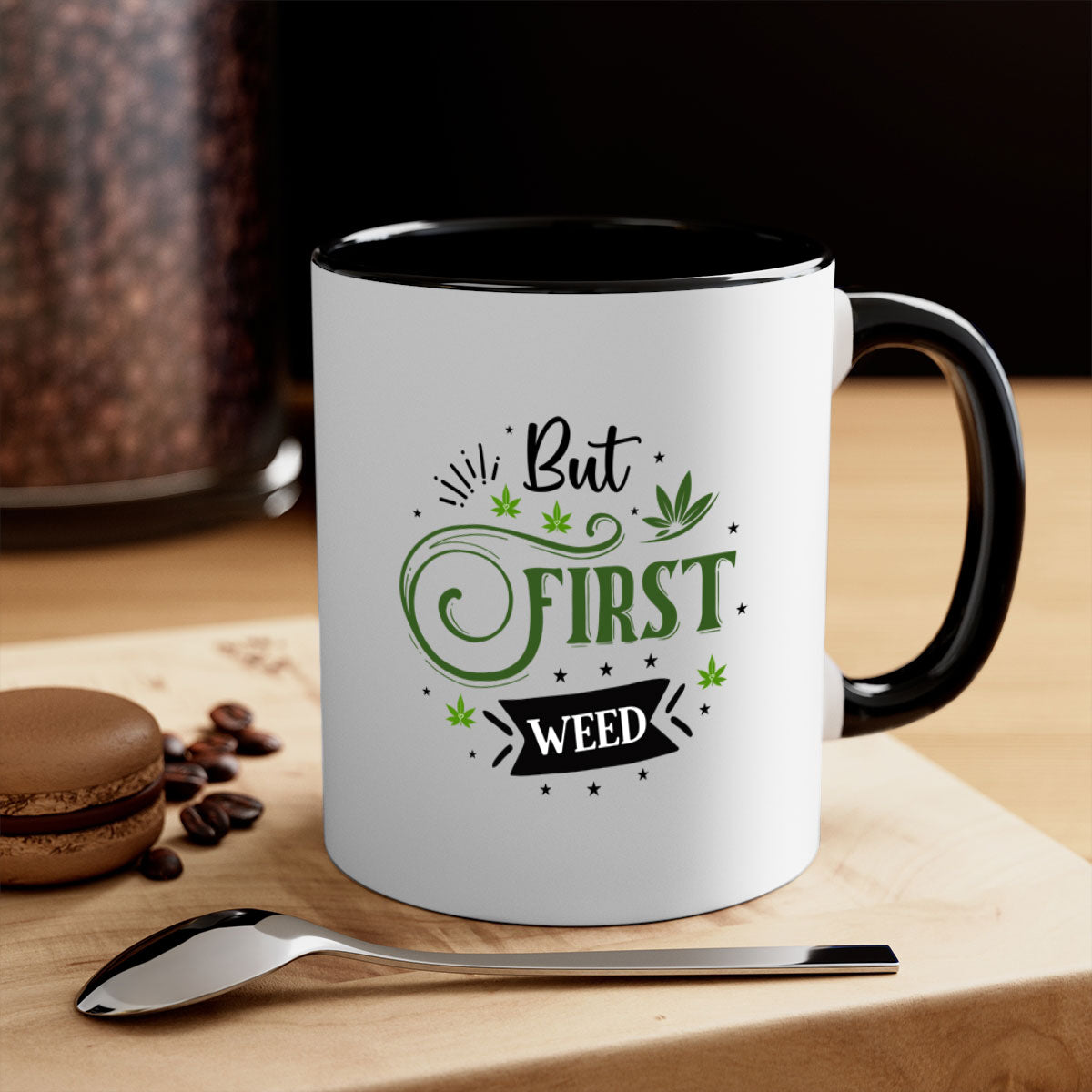 But First Weed 31# Mug with colorful handle and glossy finish, perfect for coffee or tea.