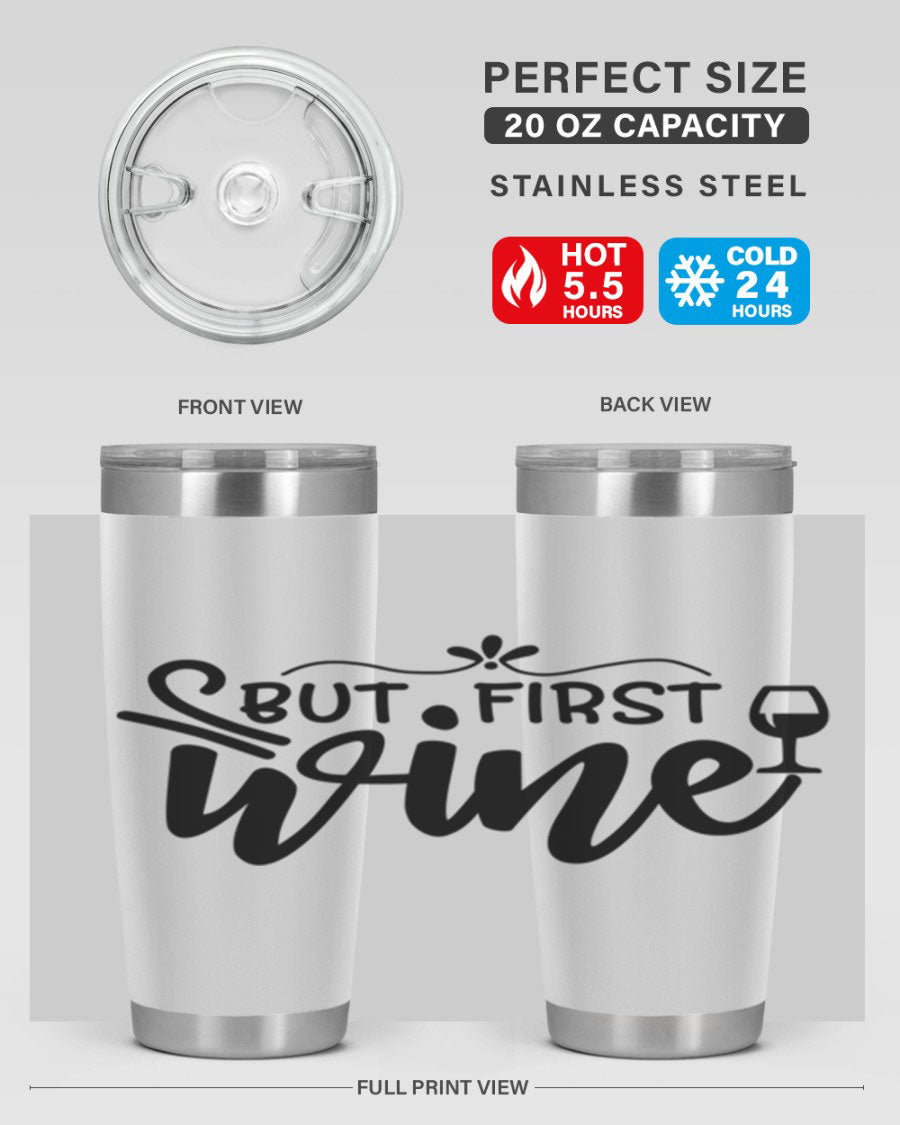 But First Wine 20oz Tumbler made of stainless steel with a copper lining, featuring a drink-thru lid and a stylish design.