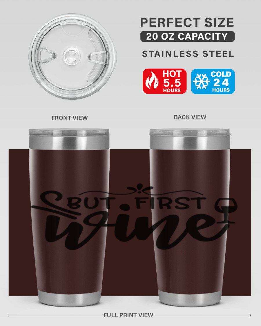 But First Wine 20oz Tumbler made of stainless steel with a copper lining, featuring a drink-thru lid and a stylish design.