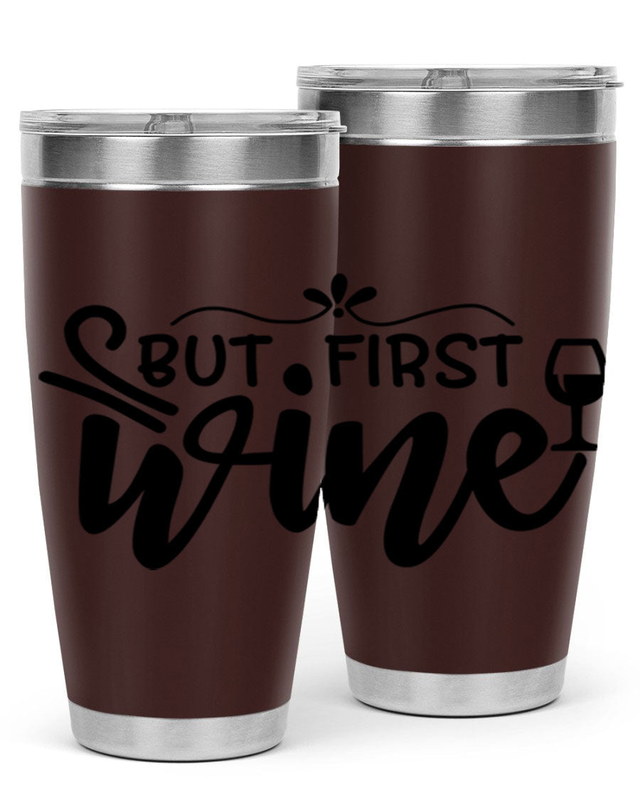 But First Wine 20oz Tumbler made of stainless steel with a copper lining, featuring a drink-thru lid and a stylish design.