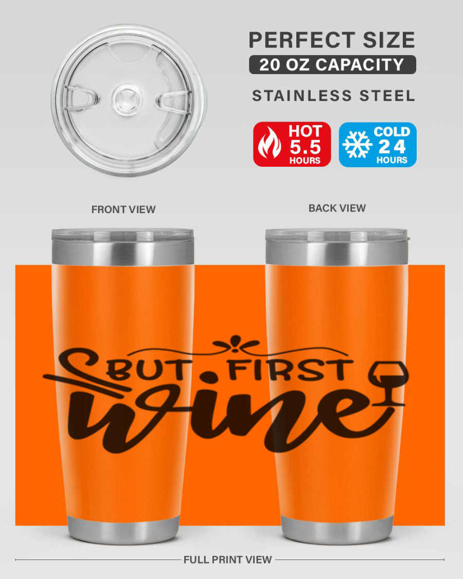 But First Wine 20oz Tumbler made of stainless steel with a copper lining, featuring a drink-thru lid and a stylish design.