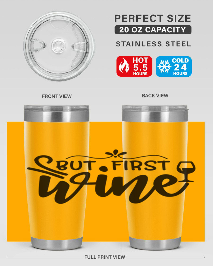 But First Wine 20oz Tumbler made of stainless steel with a copper lining, featuring a drink-thru lid and a stylish design.