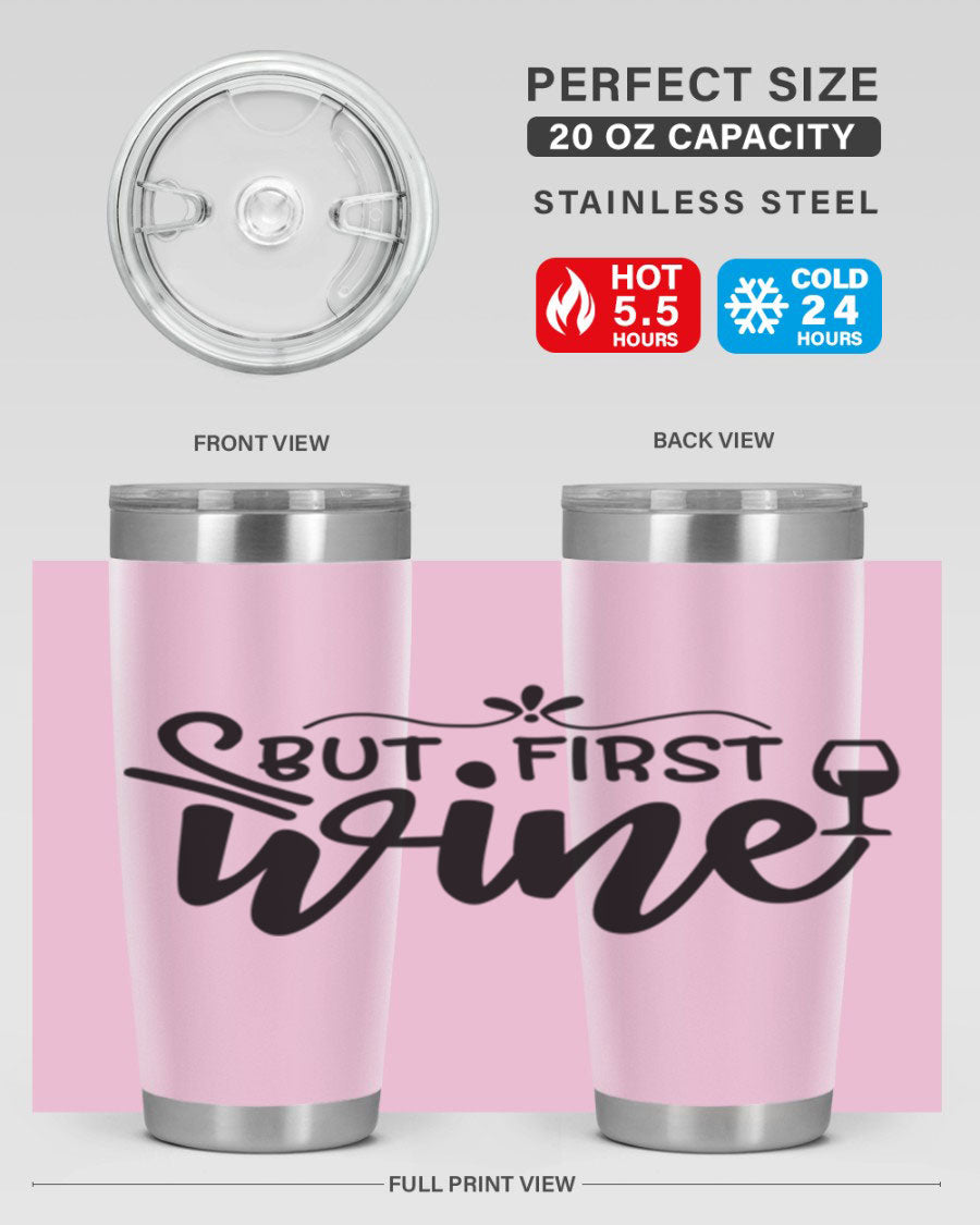 But First Wine 20oz Tumbler made of stainless steel with a copper lining, featuring a drink-thru lid and a stylish design.